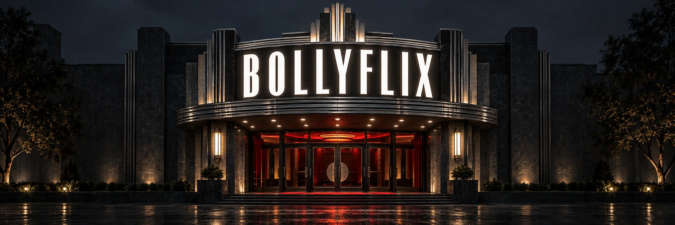 BOLLYFLIX illuminated across a charcoal cinema facade